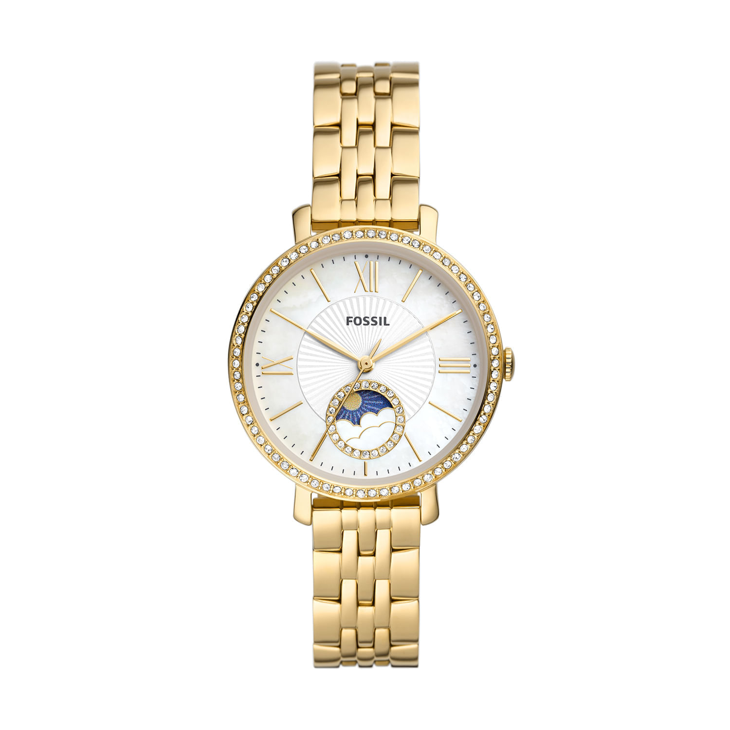 Relógio feminino dourado com pulseira de metal, mostrador com detalhes de cristais e função de calendário lunar.
