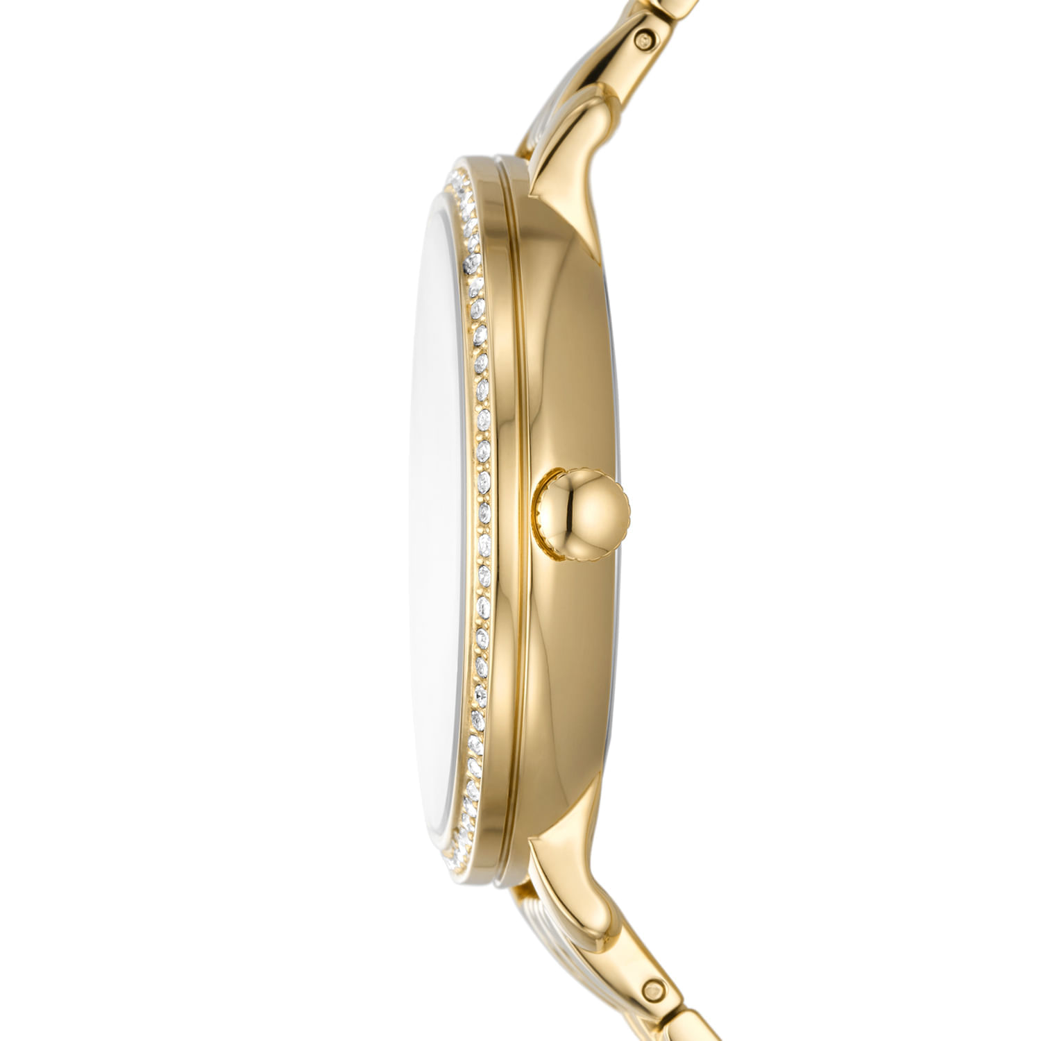 Relógio de pulso feminino com pulseira dourada e details de pedras brilhantes ao redor da caixa, vista lateral.