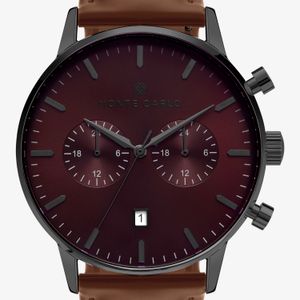 Relógio Monte Carlo Multi Dual Time Masculino em Couro Marrom e Mostrador Vinho