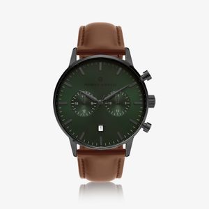 Relógio Monte Carlo Multi Dual Time Masculino em Couro Marrom e Mostrador Verde