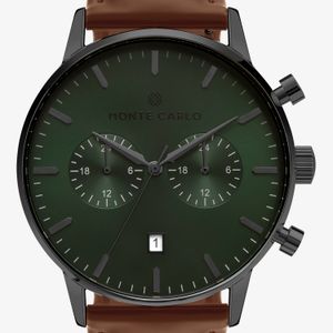 Relógio Monte Carlo Multi Dual Time Masculino em Couro Marrom e Mostrador Verde