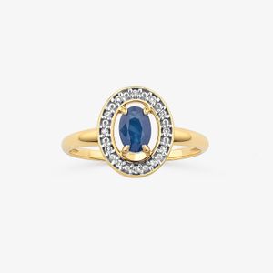 Anel com Safira Azul e Diamantes em Ouro Amarelo 18k