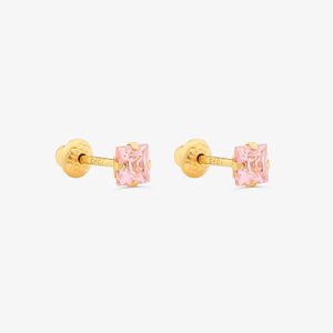 Brinco Infantil com Zircônia Rosa em Ouro Amarelo 18k