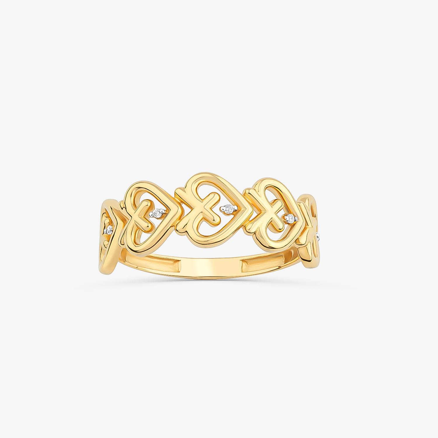 Anel dourado com design de laços entrelaçados e pequenos diamantes embutidos.