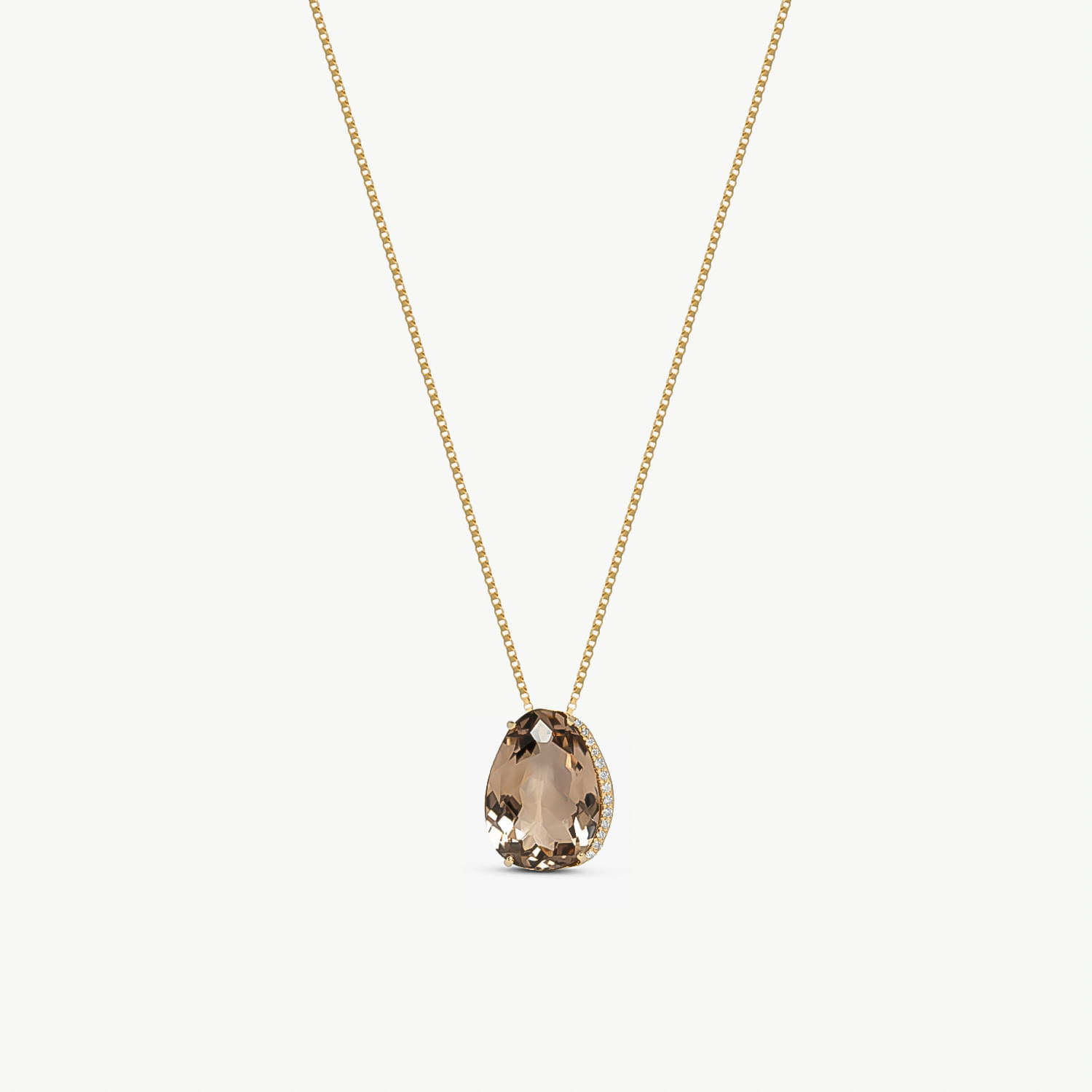 Colar com corrente dourada e pingente com pedra marrom esférica decorada com pequenas pedras brancas.