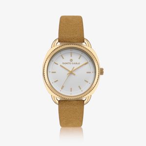 Relógio Monte Carlo Feminino em Aço Dourado e Pulseira de Suede