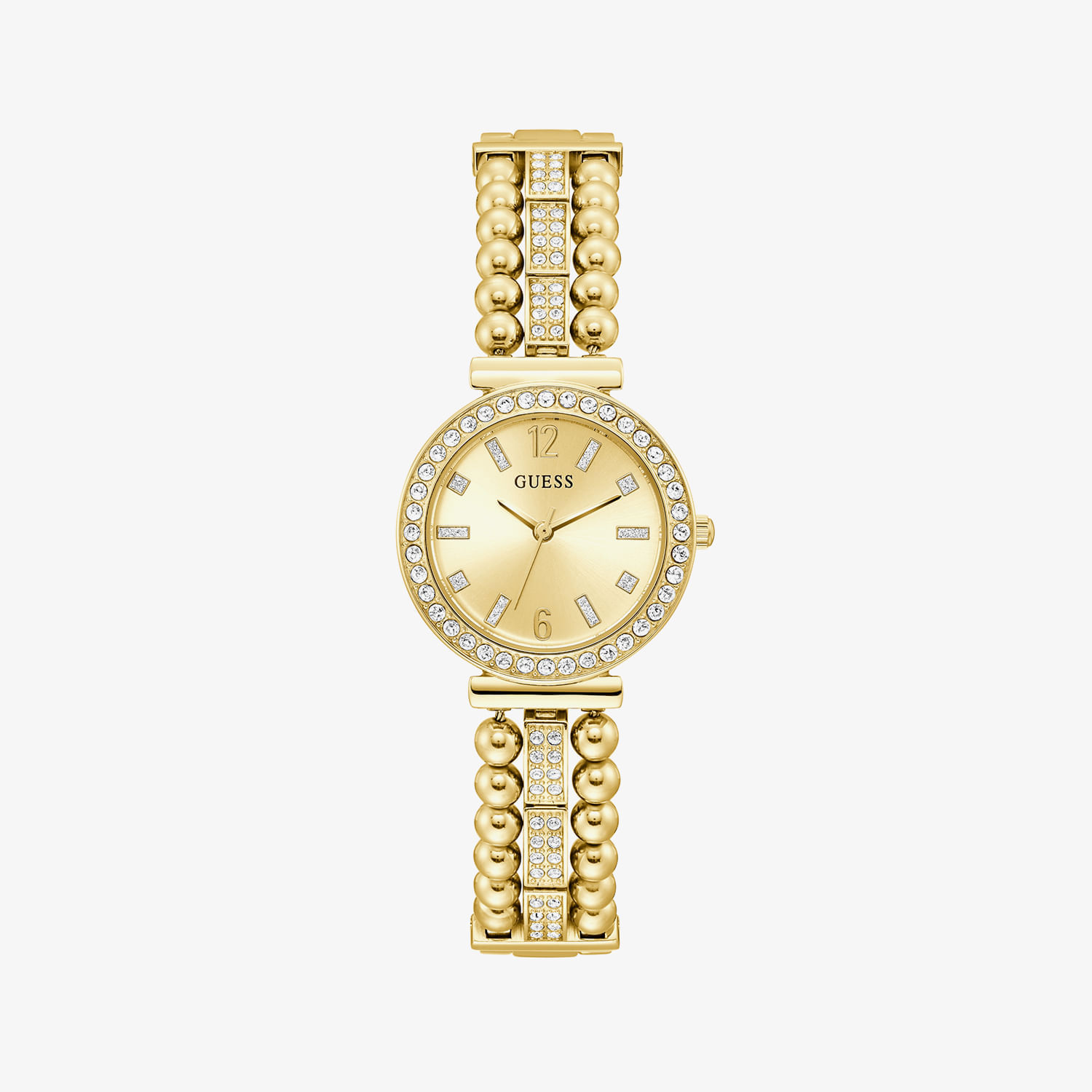 Relógio dourado com pulseira de bolas e detalhes de pedras, mostrador circular com pedras ao redor e marcas de horas.