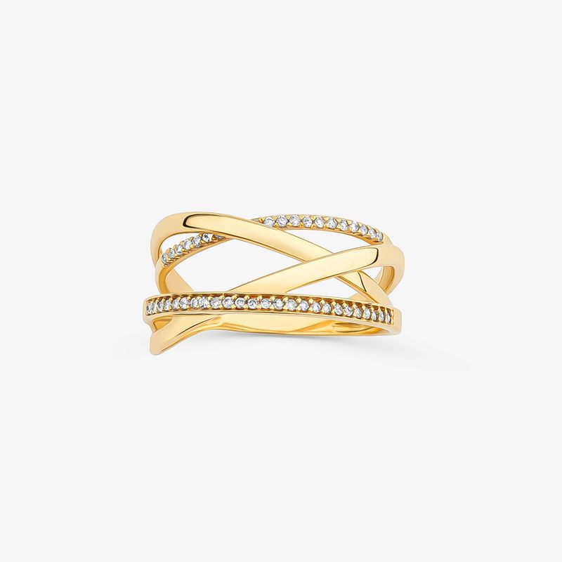 Anillo dourado com várias faixas entrelaçadas, algumas com pequenas pedras brilhantes.