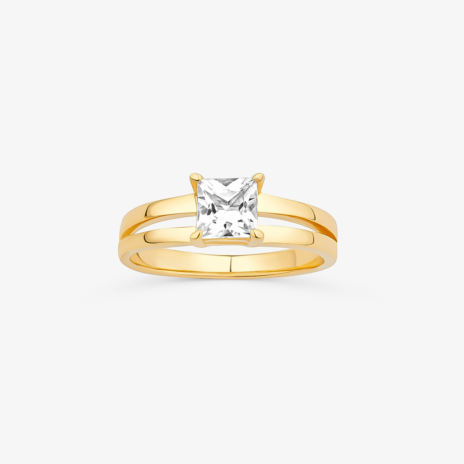 Anel de ouro com pedra central quadrada e brilhante, em design simples e elegante.