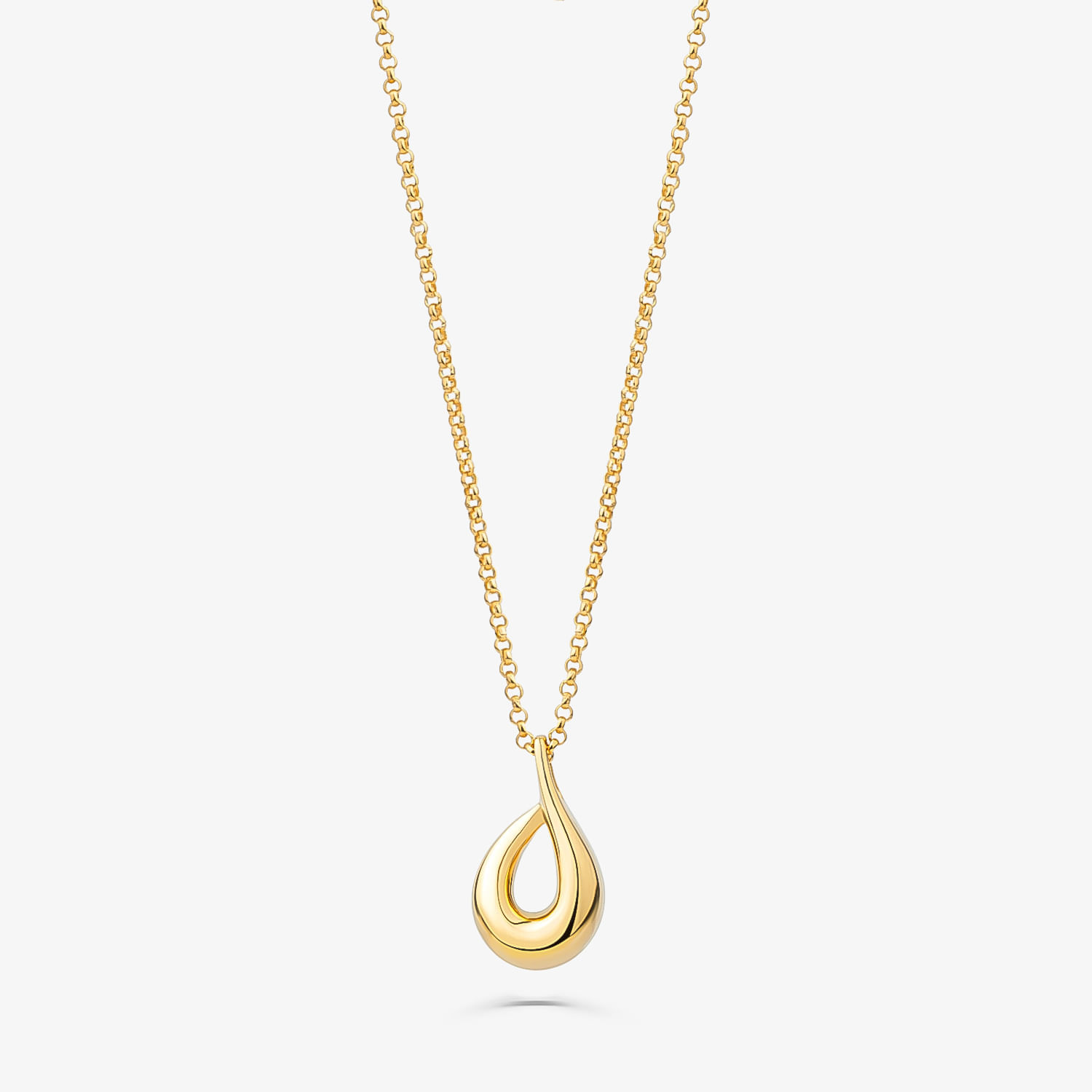 Colar dourado com pingente em forma de gota, em cadeia fina e leve.