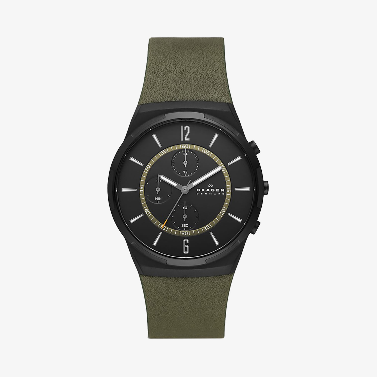 Relógio de pulso com visor preto, detalhes dourados e pulseira verde, exibindo funções de cronômetro e múltiplos mostradores.