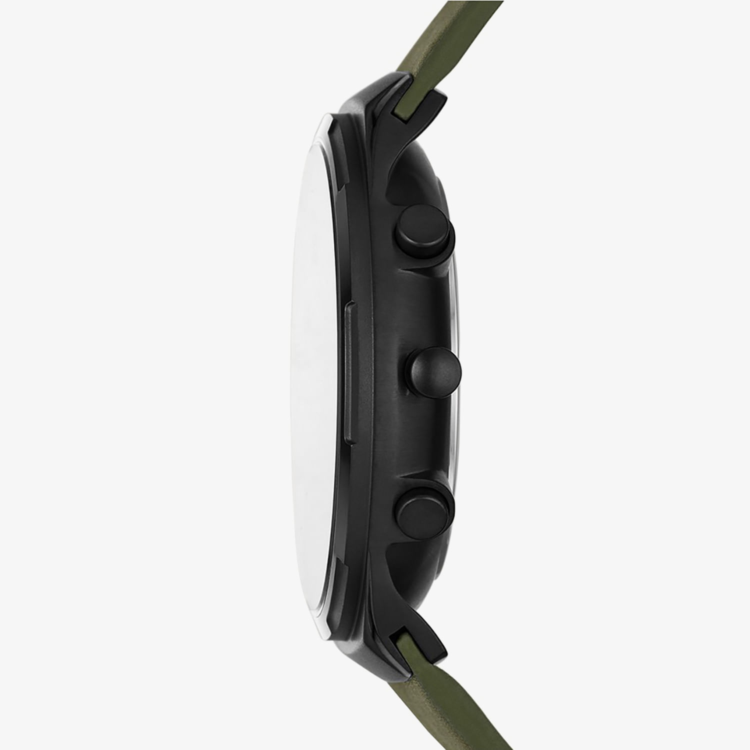 Relógio com pulseira verde, mostrando a lateral com três botões e uma coroa.