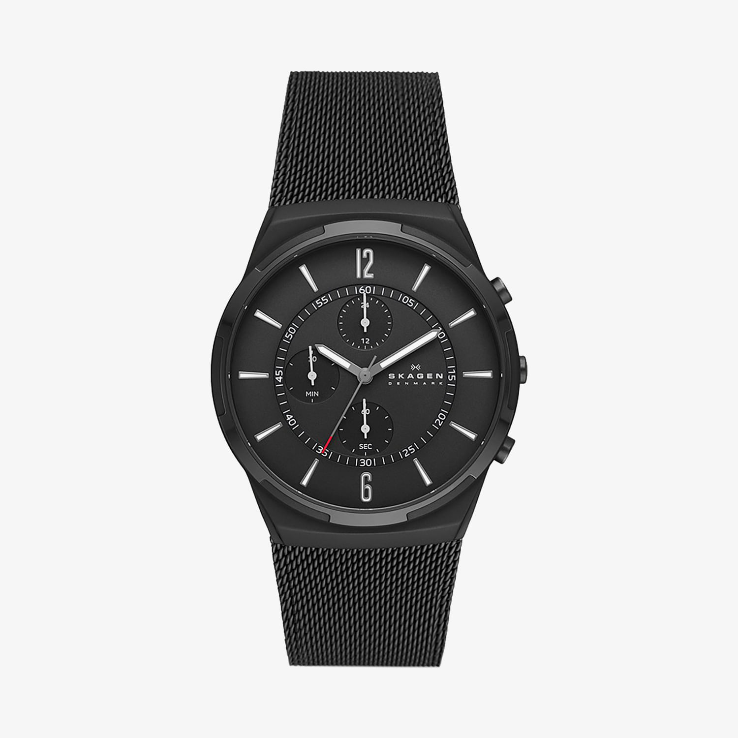 Relógio preto com pulseira de malha e mostrador analógico, com três subdials e detalhes em branco e vermelho.