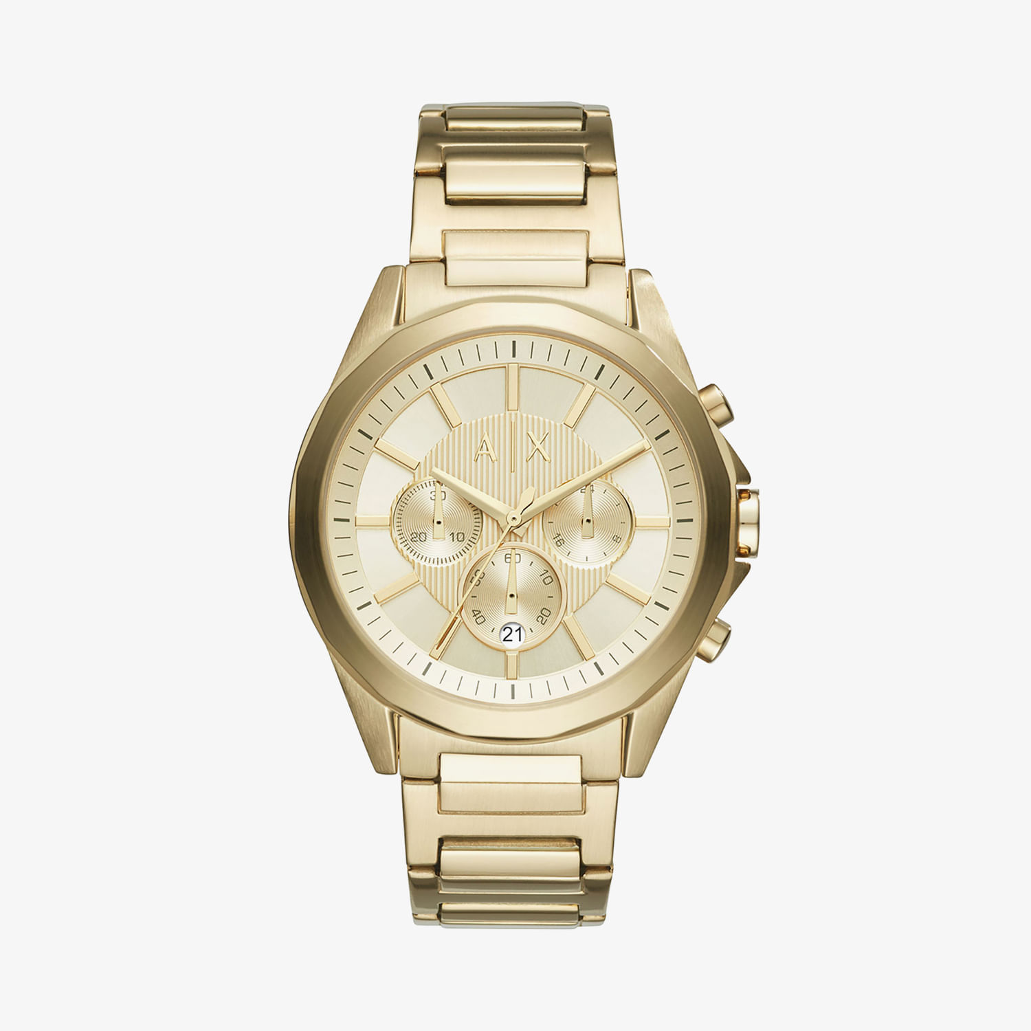 Relógio dourado com pulseira de metal e mostrador analógico, com três subdials e detalhes em linhas finas.