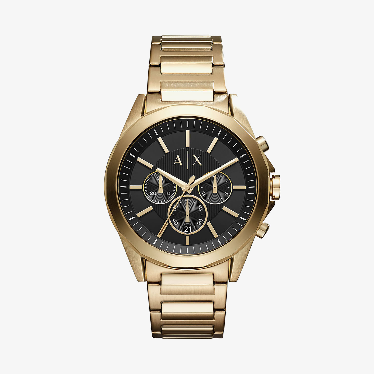 Relógio de pulso dourado com mostrador preto, detalhes em ouro, múltiplas funções e pulseira de aço.