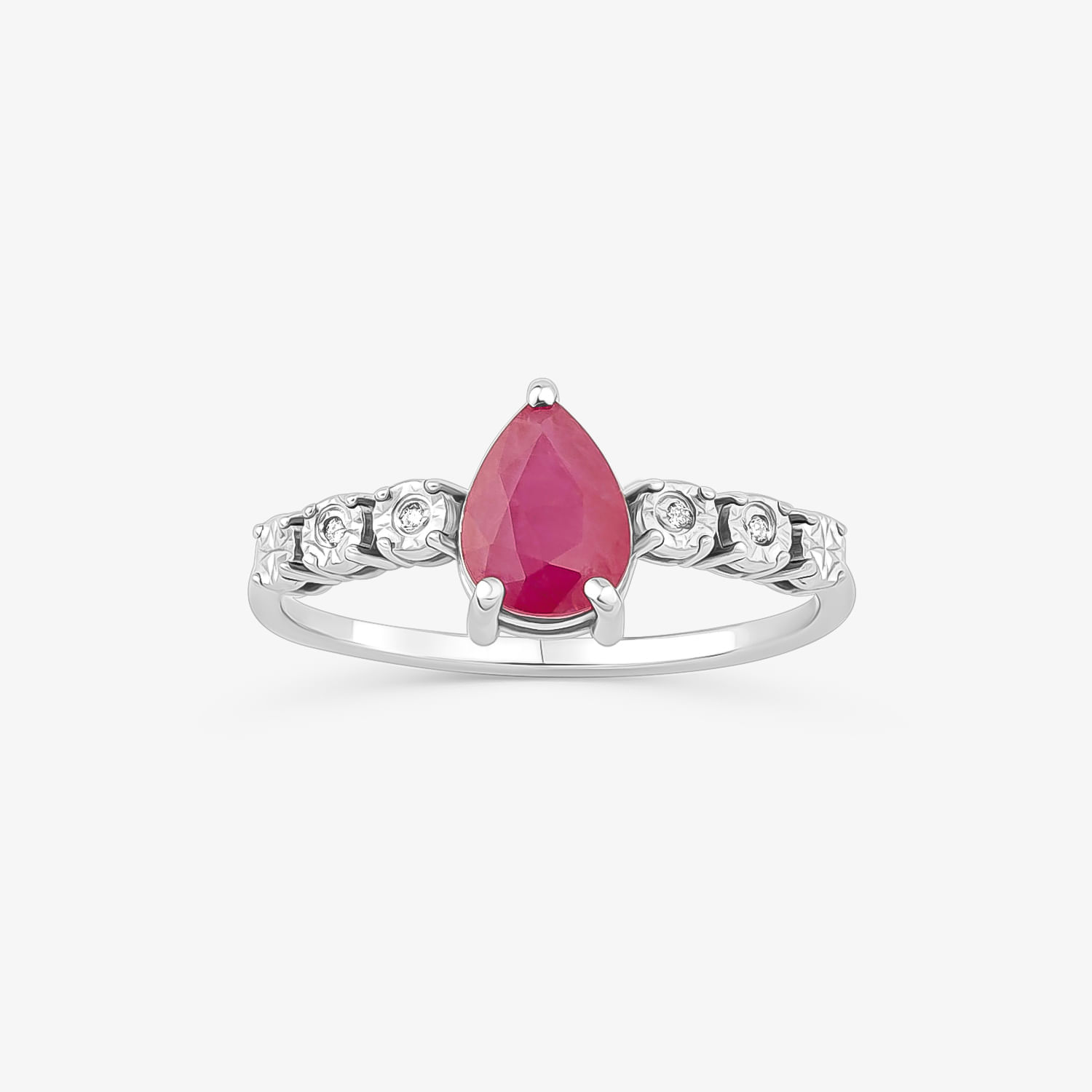 Anel de prata com pedra rosa em formato de lágrima e pequenos detalhes na argola.