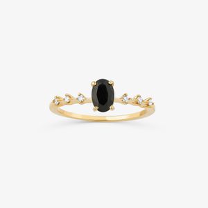 Anel Solitário Gota com Quartzo Negro e Diamantes em Ouro Amarelo 18k