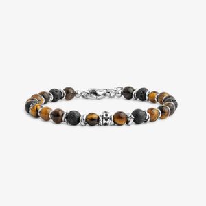 Pulseira Masculina com Olho de Tigre e Rocha Vulcânica em Aço - 22 cm