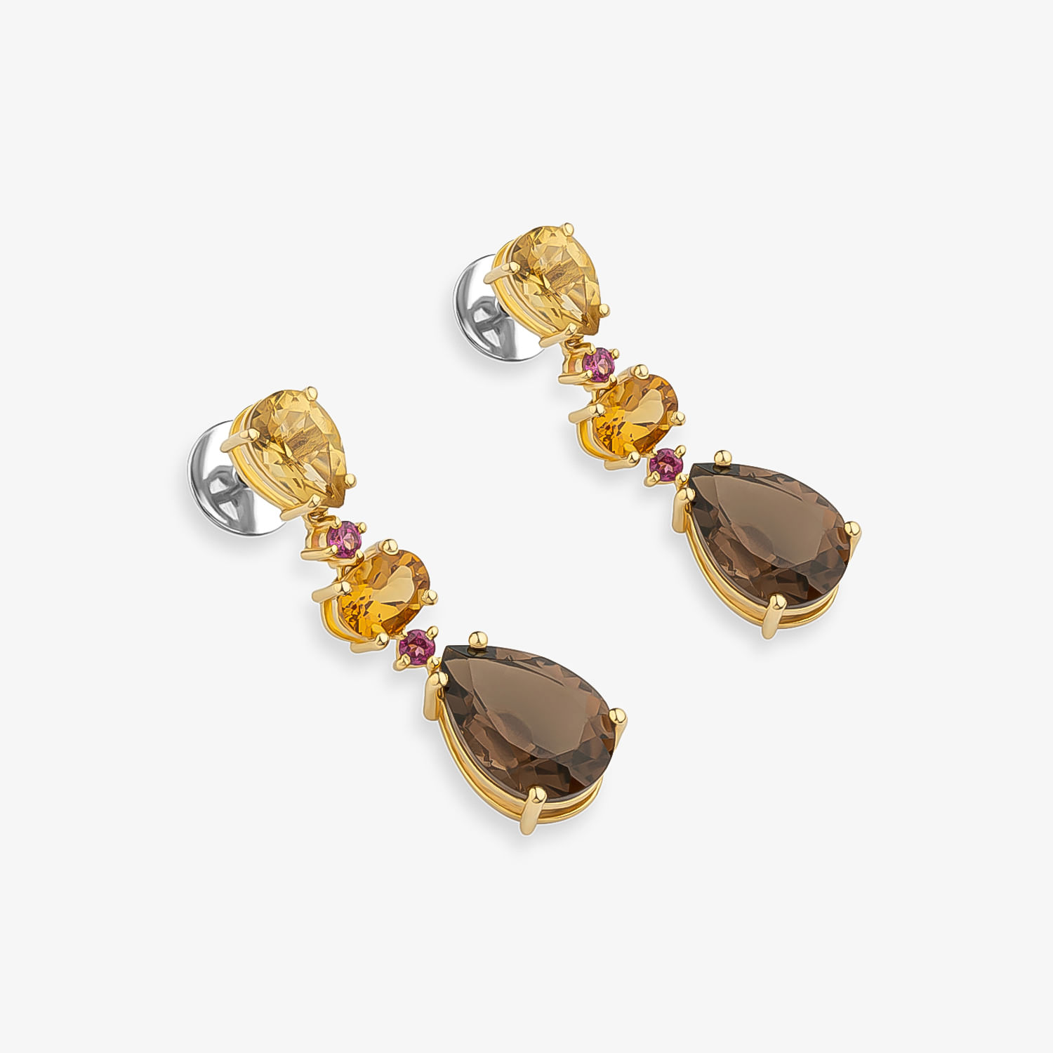 Brinco com Citrino, Rodolita, Quartzo Honey e Fumê em Prata 925 com Banho de Ouro Amarelo 18k