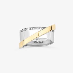 Anel Orbital com Safira em Ouro Amarelo 18k e Prata 925