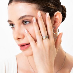 Anel Orbital com Safira em Ouro Amarelo 18k e Prata 925