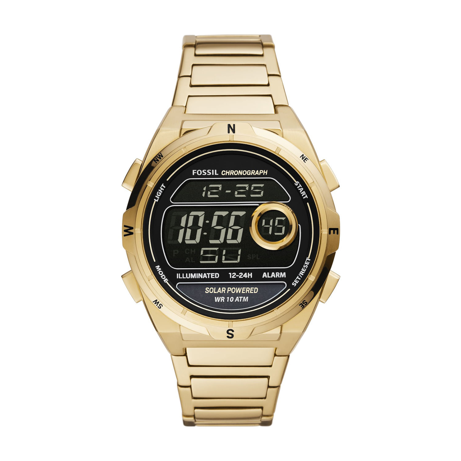 Relógio digital com pulseira e caixa douradas, visor digital com data, hora, alarme e funções de cronômetro e iluminação.