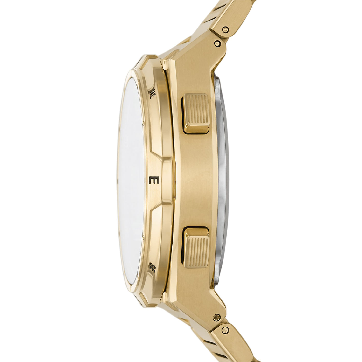 Relógio dourado com caixa grande, mostrador branco e pulseira de metal, visto de perfil lateral.