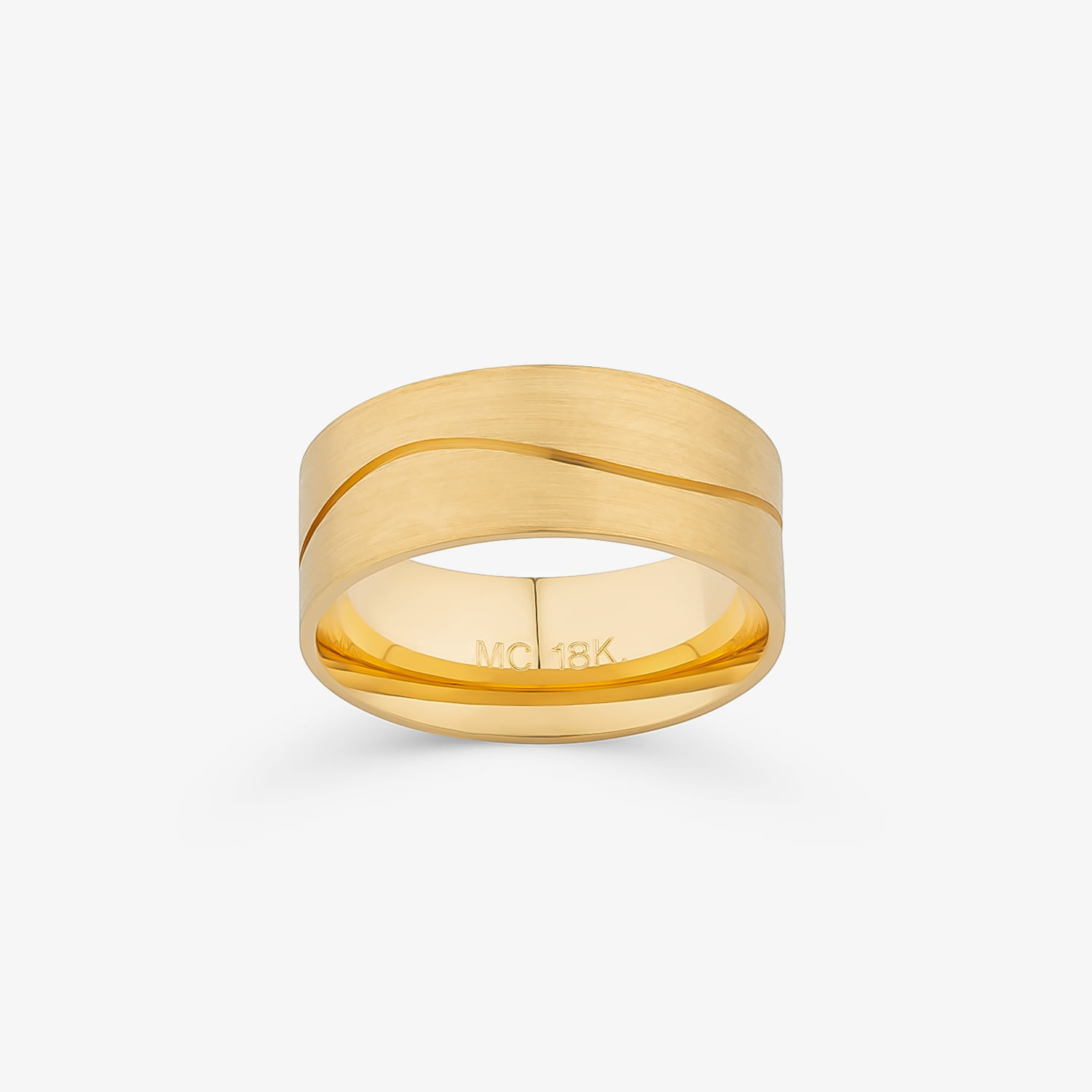 Anel dourado de metal com acabamento em 18K, com duas faixas paralelas ao redor.