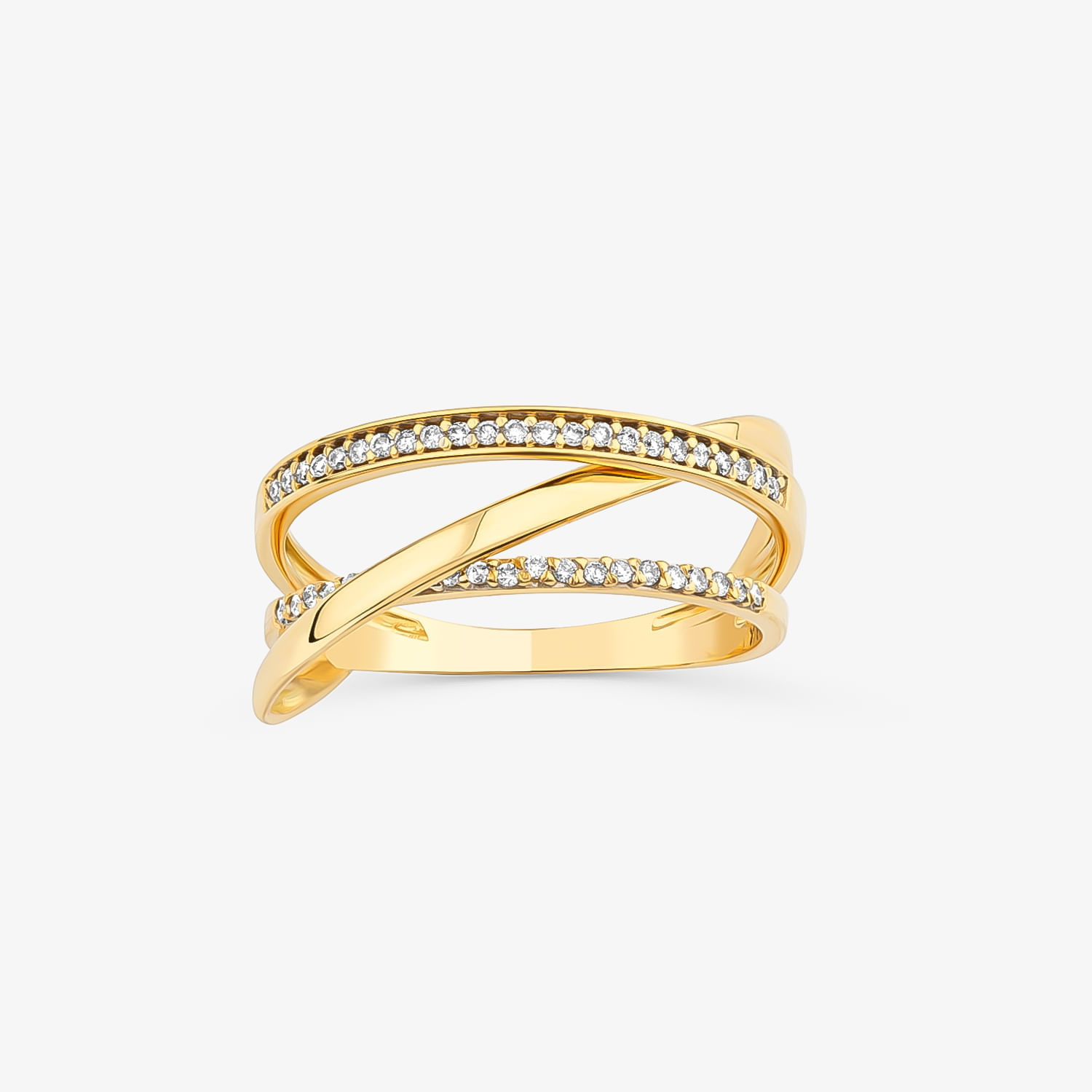 Anel dourado com duas faixas finas, uma com pedras brilhantes e outra lisa, entrelaçadas em um design elegante.