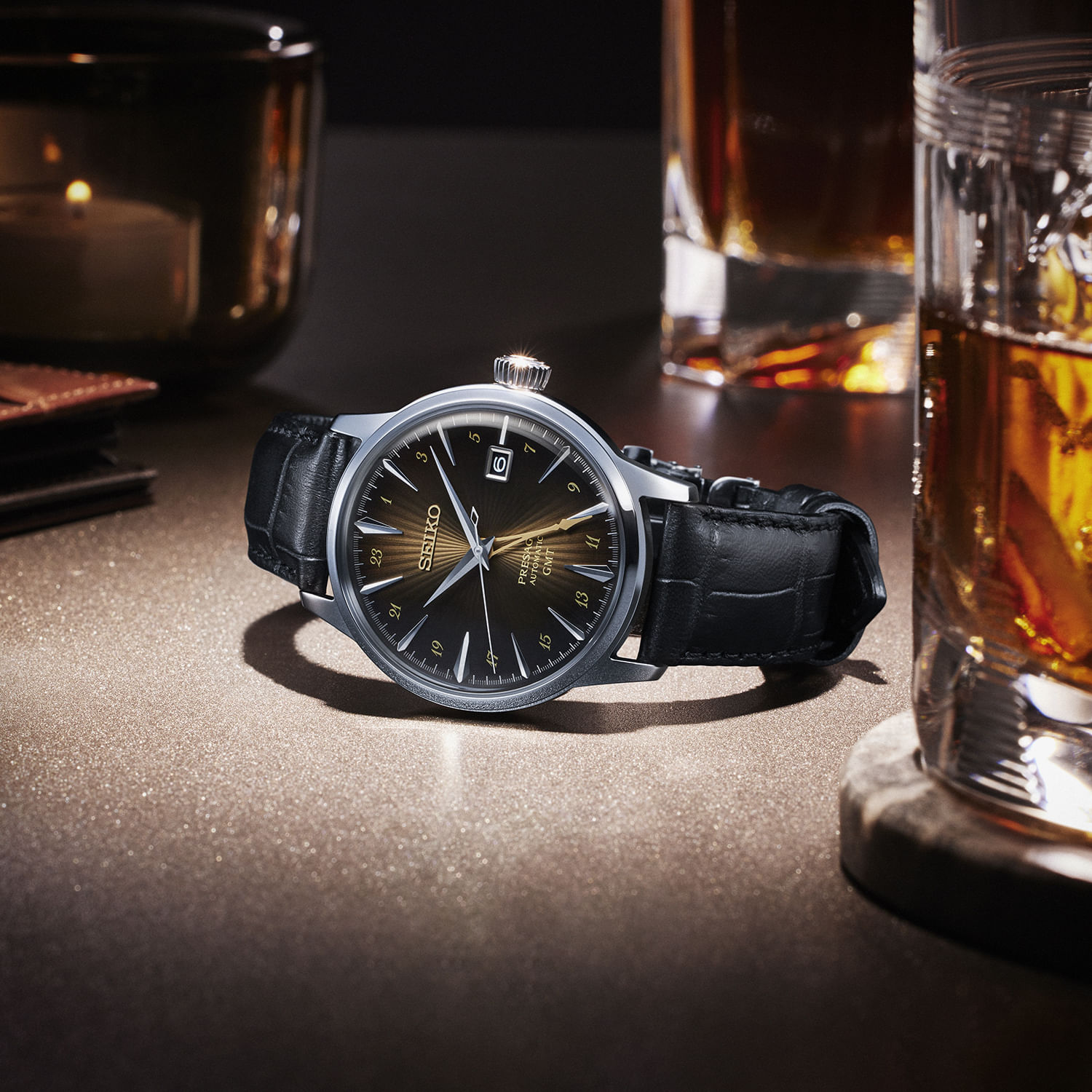 【Z’esprit】SEIKO Presage GMT 自動巻き ブラック Relógio Seiko Presage Automático GMT Masculino em Couro Preto