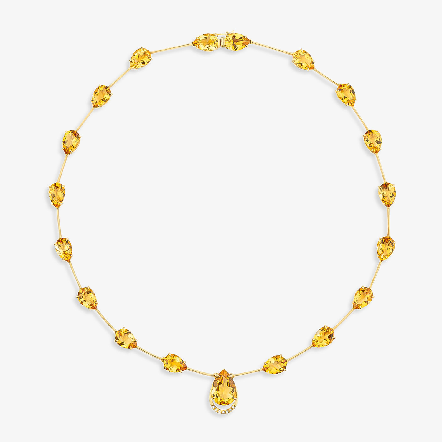 Colar de ouro com pedras amarelas, contendo um pingente central maior.