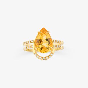 Anel com Gota de Citrino e Diamantes em Ouro Amarelo 18k