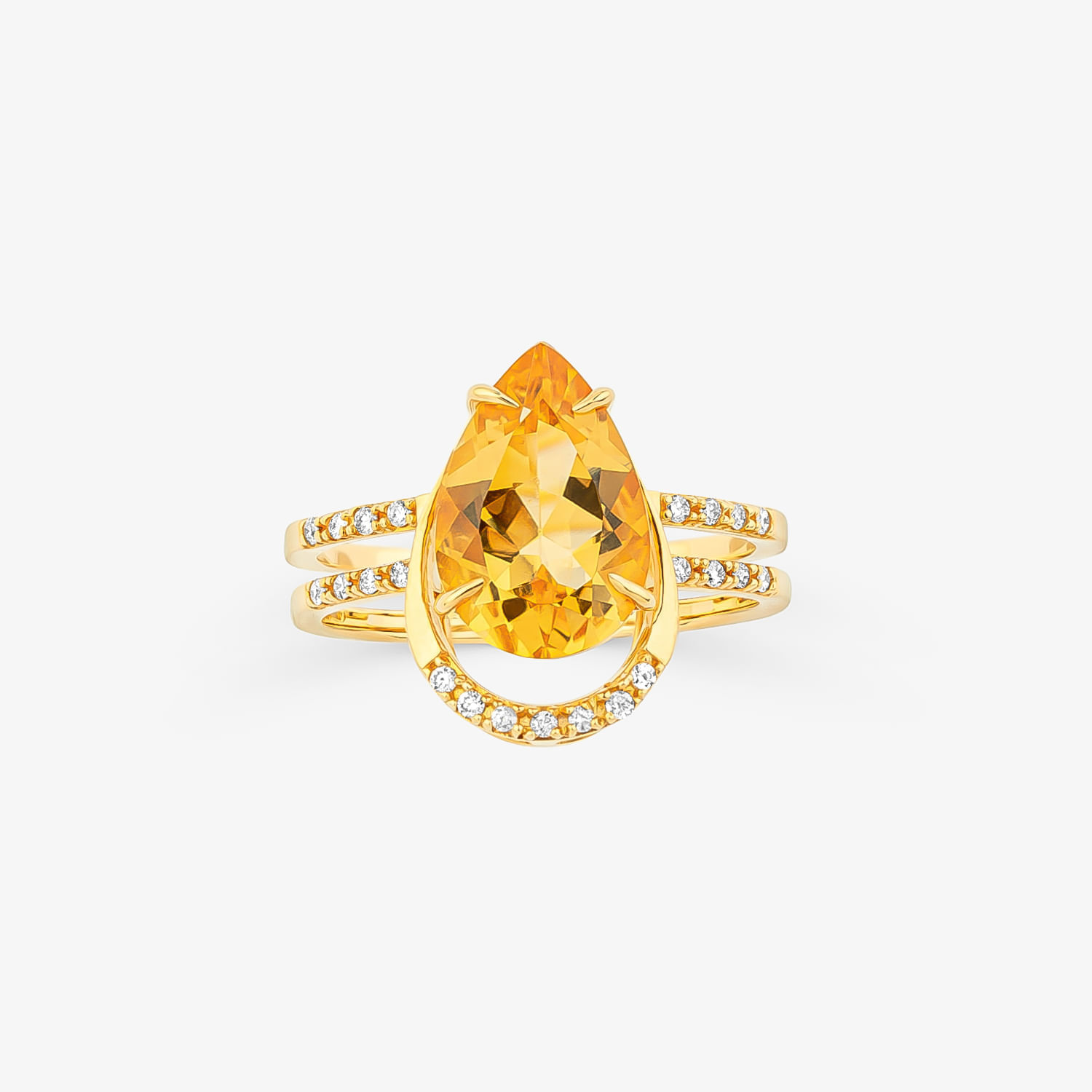 Anel com grande pedra amarela central em formato de gota, detalhes em ouro com pequenos diamantes ao redor e nas laterais.