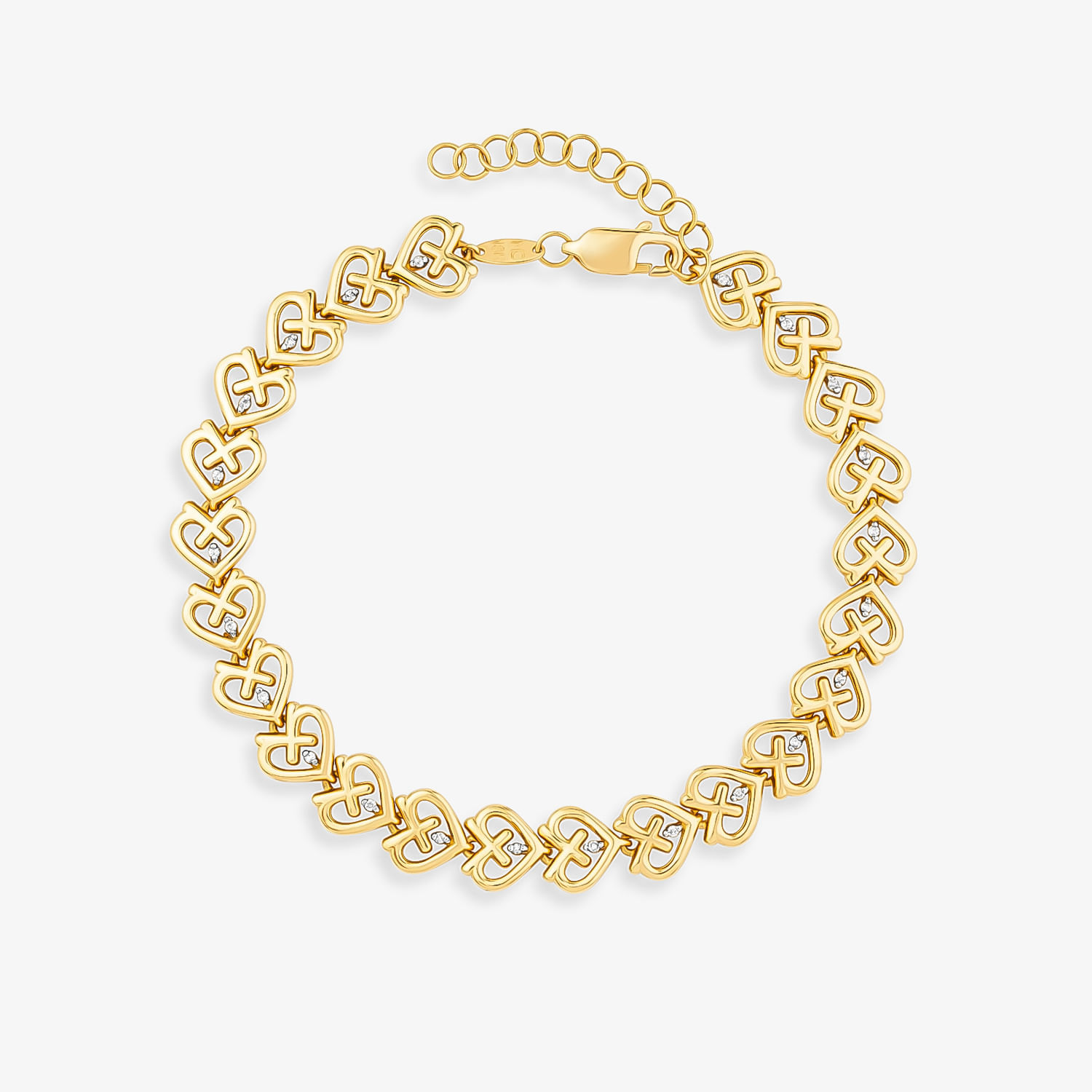 Pulseira dourada com elos em formato de coração entrelaçados.
