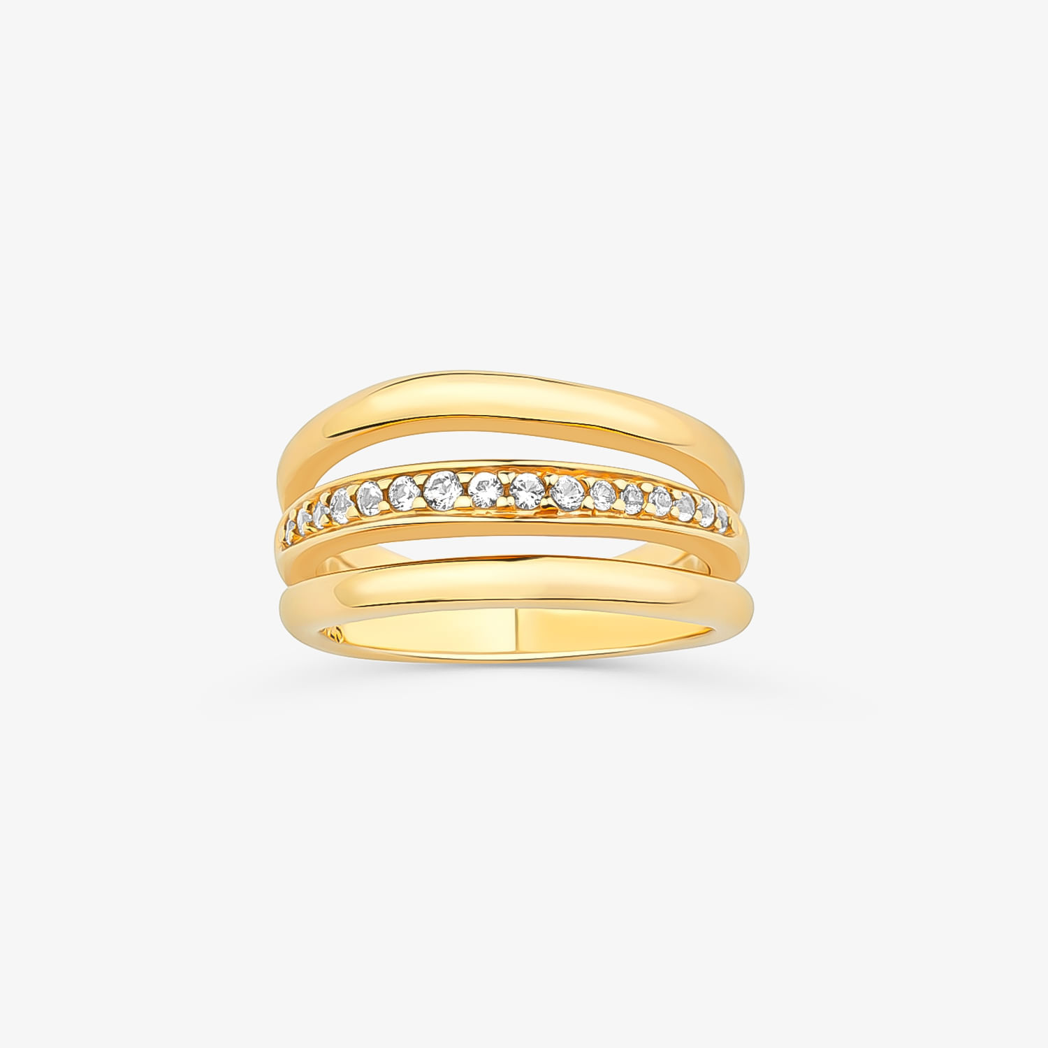 Anel dourado com cinco faixas, uma delas com fileira de pequenas pedras brilhantes.