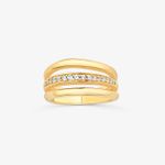 Anello dourado com várias faixas, uma delas com pedras de zircônia brilhantes.