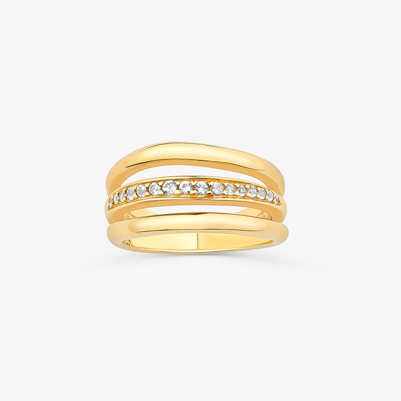 Anello dourado com várias faixas, uma delas com pedras de zircônia brilhantes.