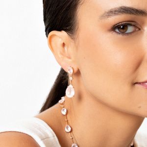 Brinco Maxi Gota com Quartzo Rosa e Diamantes em Ouro Rosé 18K