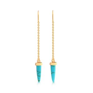 Brinco Dente de Sabre com Cristal Turquesa em Prata 925 com Banho de Ouro Amarelo 18k