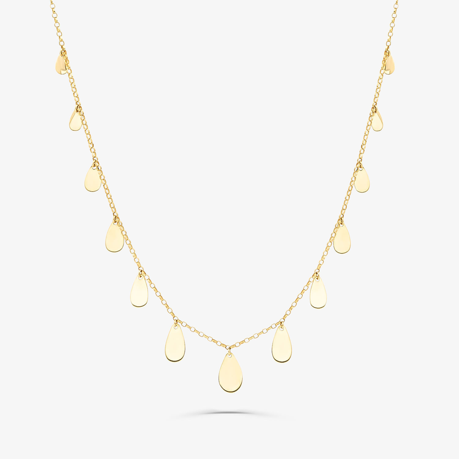 Colar dourado com pingentes de gotas, exibido em fundo branco.