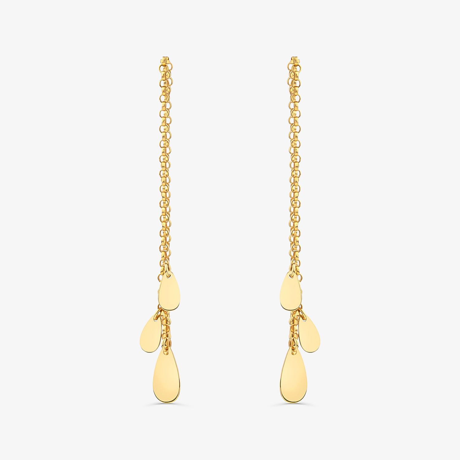 Par de brincos dourados com pulseira de correntes e pingentes em forma de gotas.