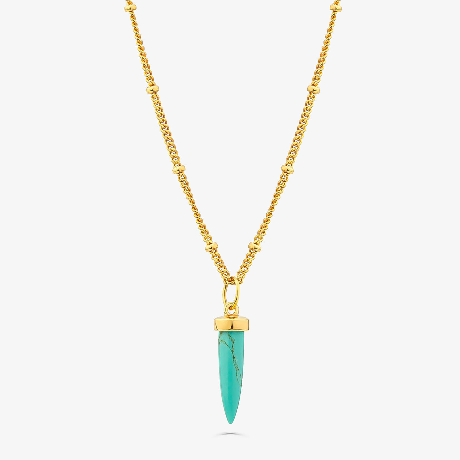 Colar de corrente dourada com pingente de ponta de pedra azul em estilo feminino e elegante.