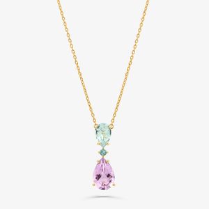 Colar com Rose de France, Topázio Azul e Topázio London em Prata 925 com banho de Ouro Amarelo 18k