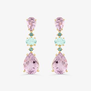 Brinco com Rose de France, Topázio Azul e Topázio London em Prata 925 com banho de Ouro Amarelo 18k
