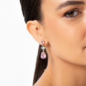 Brinco com Rose de France, Topázio Azul e Topázio London em Prata 925 com banho de Ouro Amarelo 18k