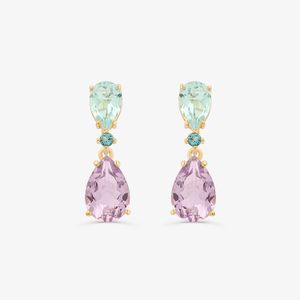 Brinco com Rose de France, Topázio Azul e Topázio London em Prata 925 com banho de Ouro Amarelo 18k