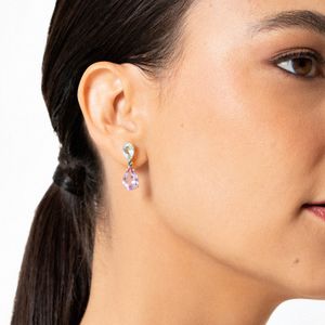 Brinco com Rose de France, Topázio Azul e Topázio London em Prata 925 com banho de Ouro Amarelo 18k