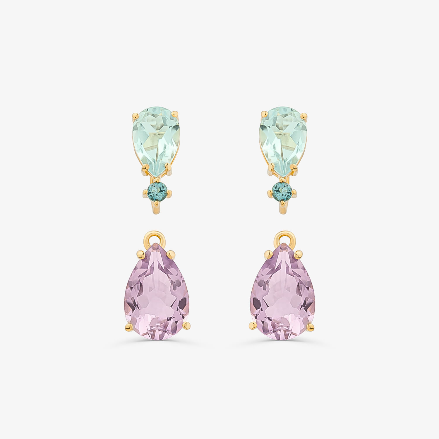 Brinco com Rose de France, Topázio Azul e Topázio London em Prata 925 com banho de Ouro Amarelo 18k