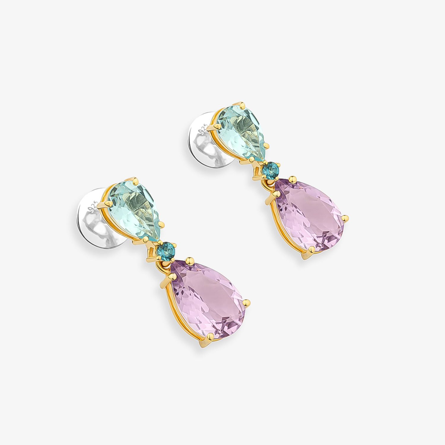 Brinco com Rose de France, Topázio Azul e Topázio London em Prata 925 com banho de Ouro Amarelo 18k