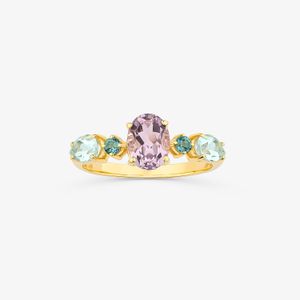 Anel com Rose de France, Topázio Azul e Topázio London em Prata 925 com banho de Ouro Amarelo 18k